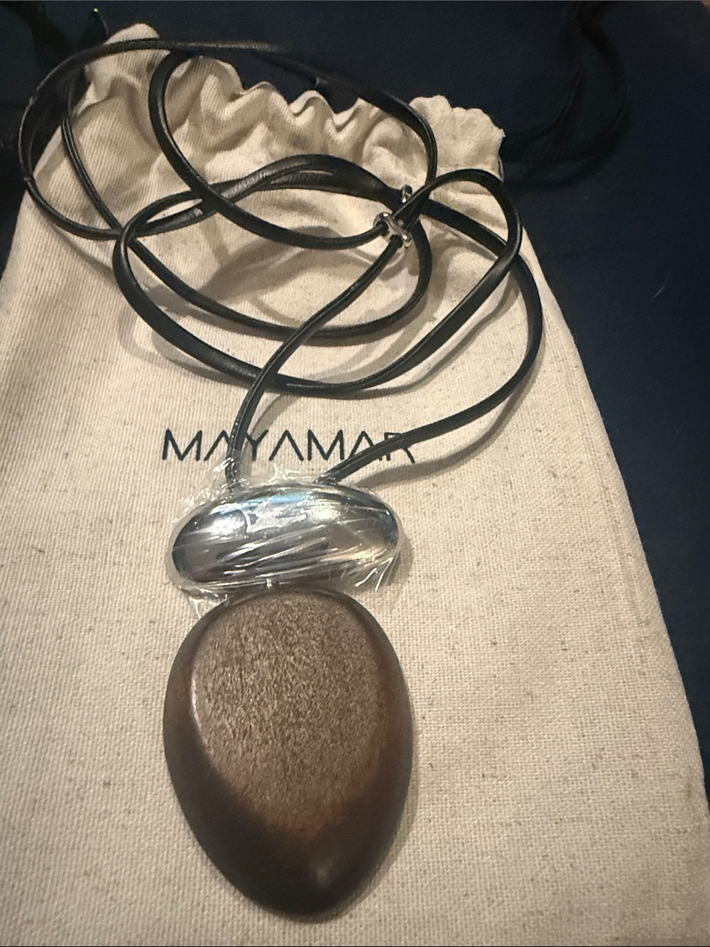 Black Leather Cord Necklace with Brown Wood Pendant - Picture 2 of 4